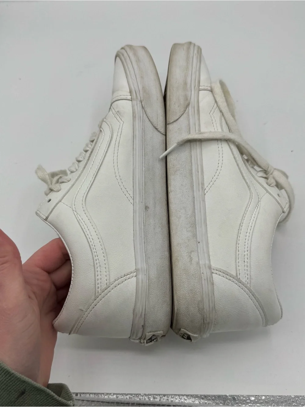 Vans Old Skool sneakers monochromatic white leather mens size 9 women’s 10.5